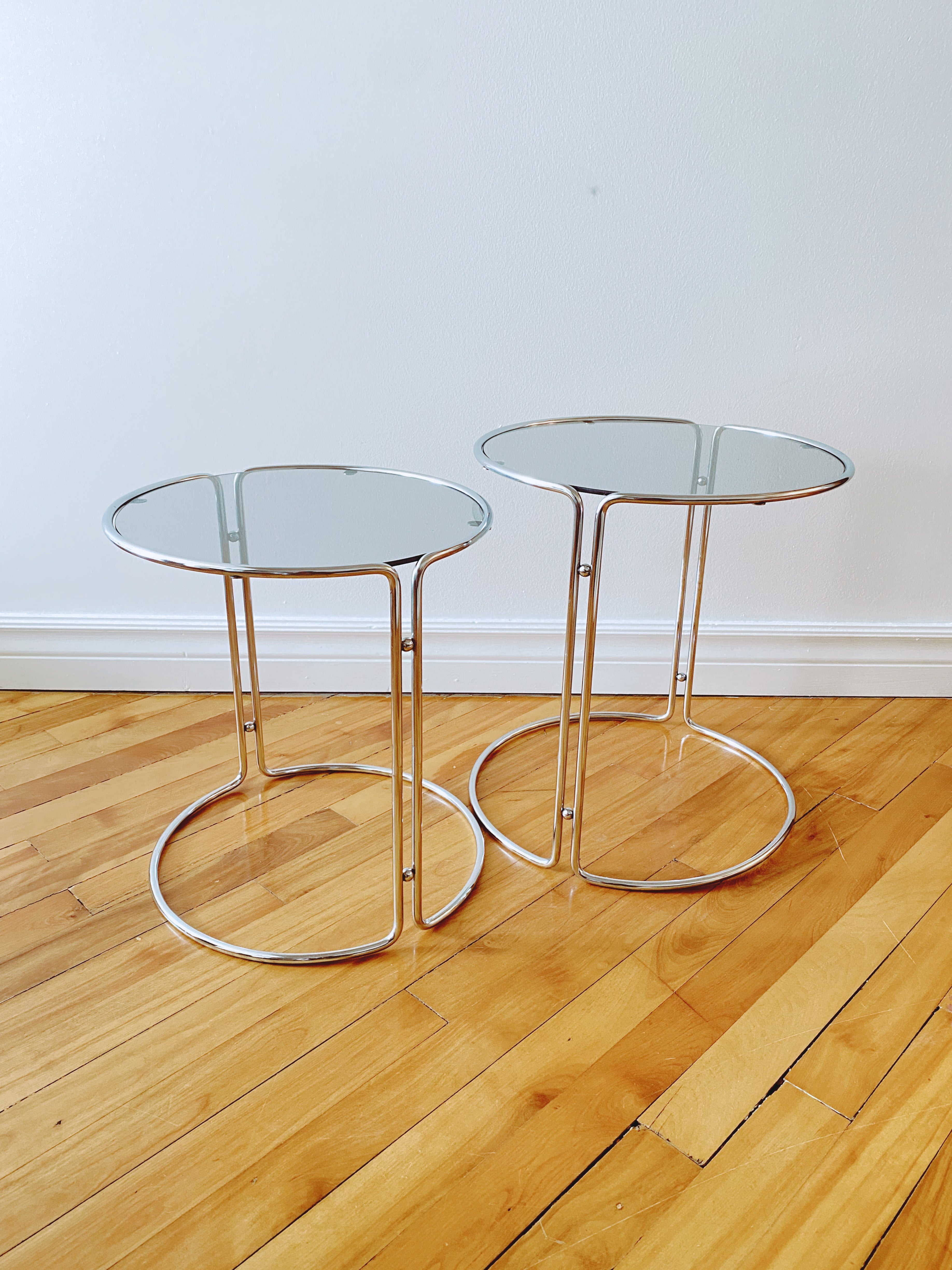 1970s Minimalist Tubular Chrome & Glass Side Tables – Pair